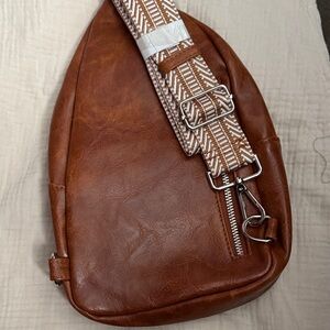 Men's Tan Leather Sling Belt Bag with Patterned Strap